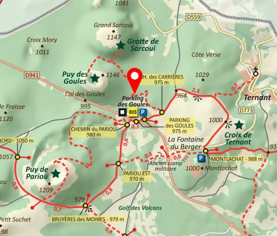 Plan de chemins de randonnées indiquant la localisation du parking des Goules, situé sur la commune d'Orcines